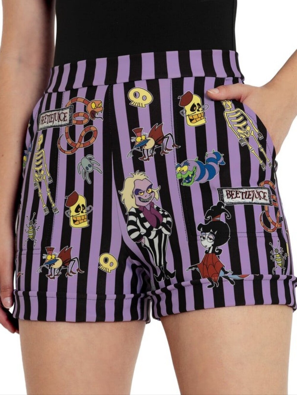 Blackmilk Beetlejuice It's Showtime Purple & Black Striped Cuffed Shorts XL